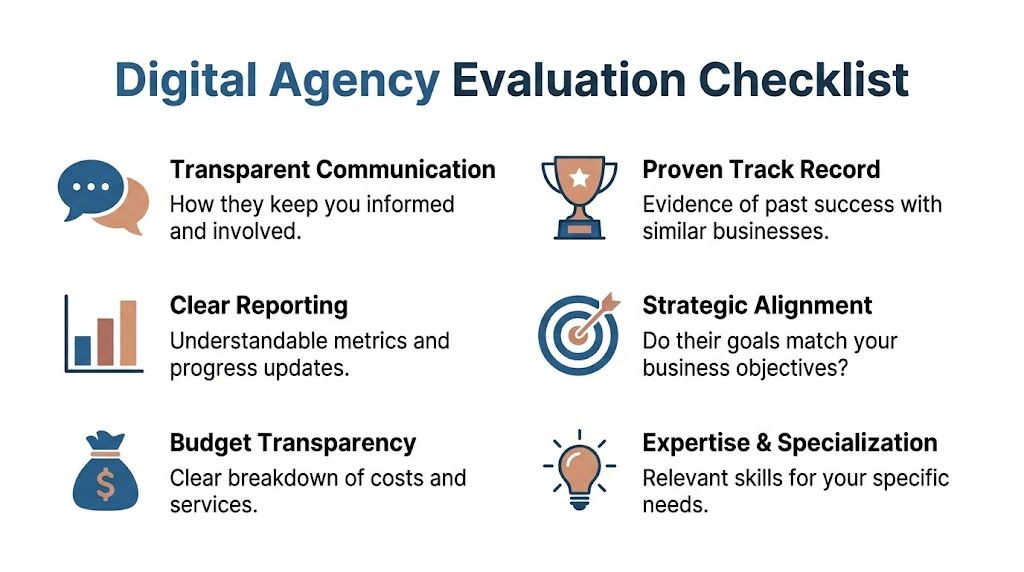 A digital agency evaluation checklist infographic outlining six essential criteria for choosing the right marketing partner.