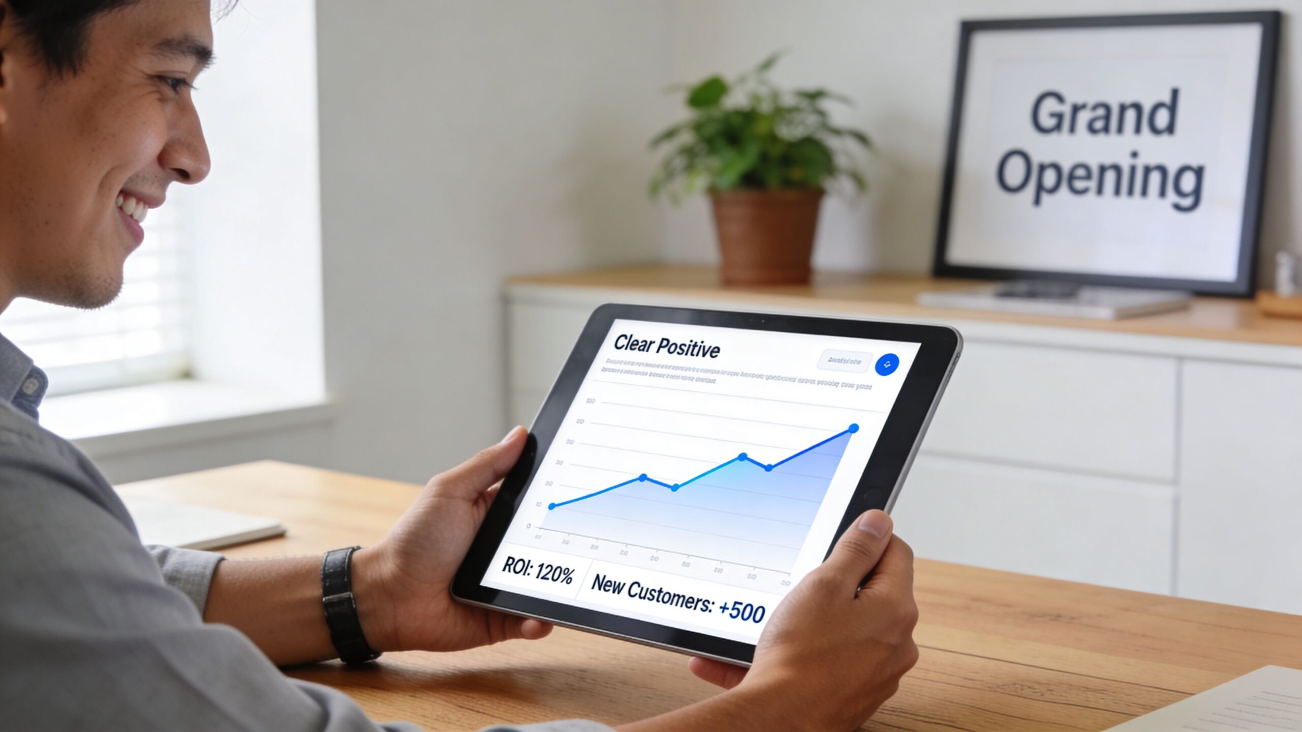 A happy businessman looking at a tablet screen showing growth charts and business success metrics.