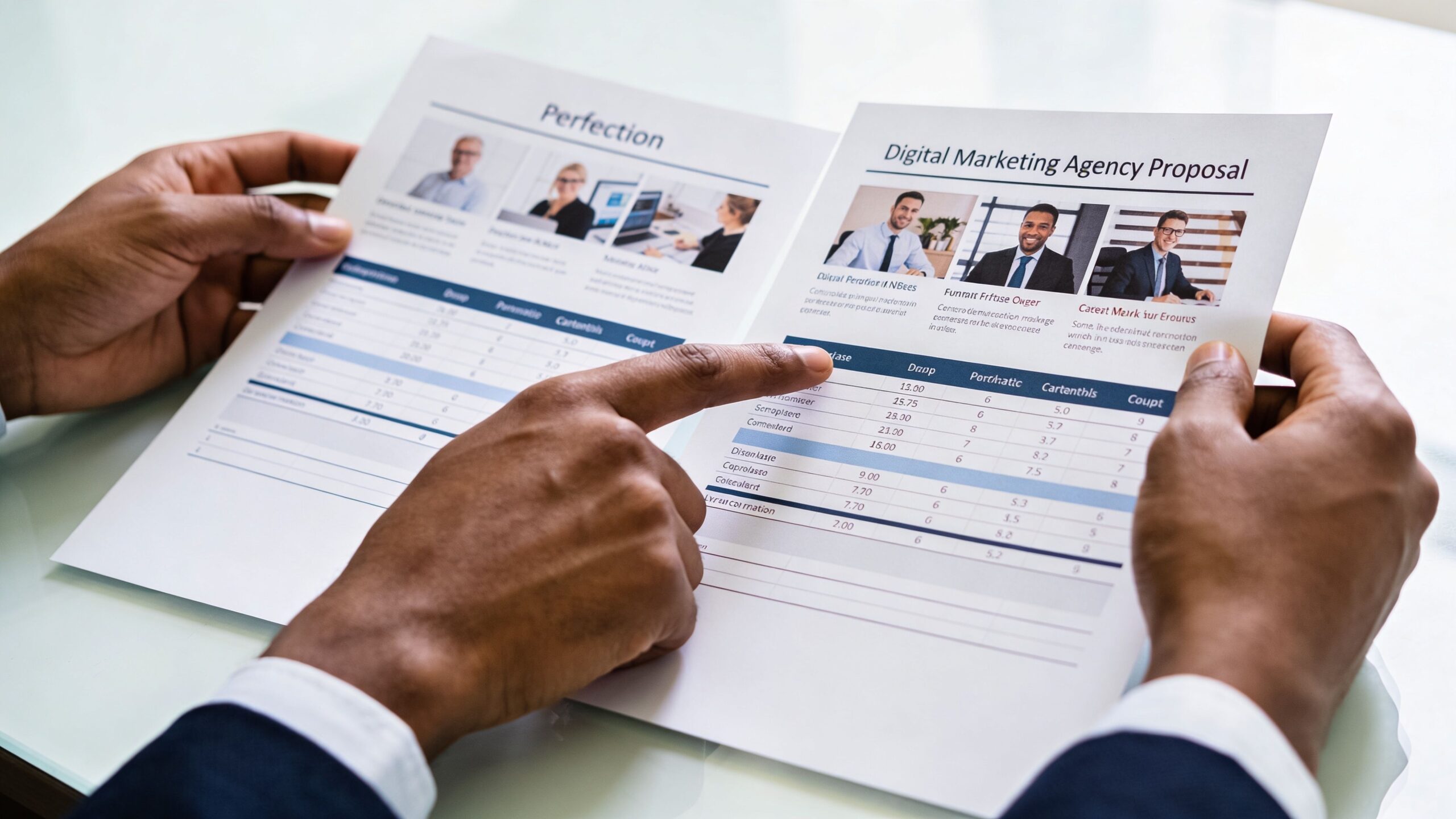 A professional holding a digital marketing agency proposal document while pointing at data in a table.