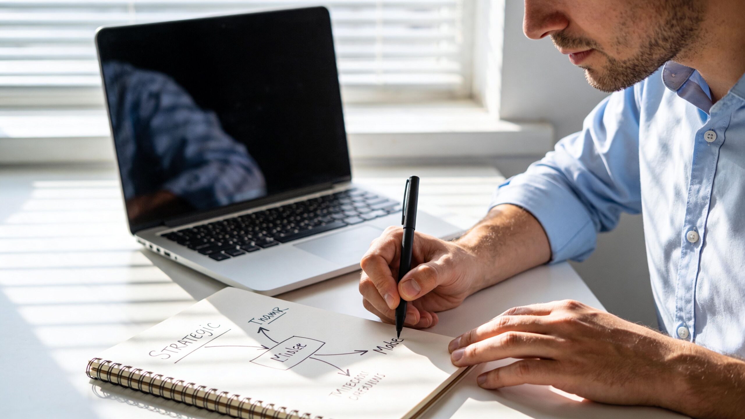 A professional man writing a strategic business map in a notebook at his bright workspace.
