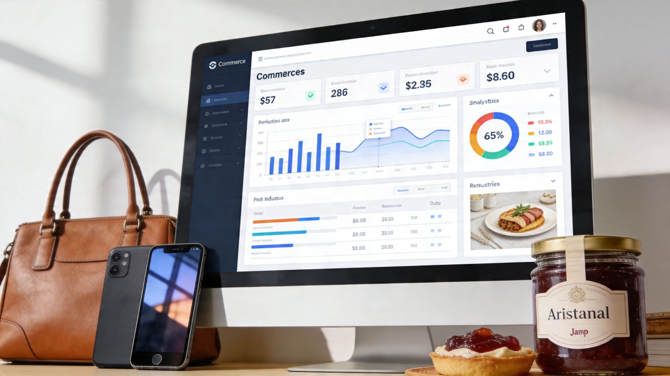 A modern computer monitor showing e-commerce analytics dashboard with data charts next to a handbag and jam jar.