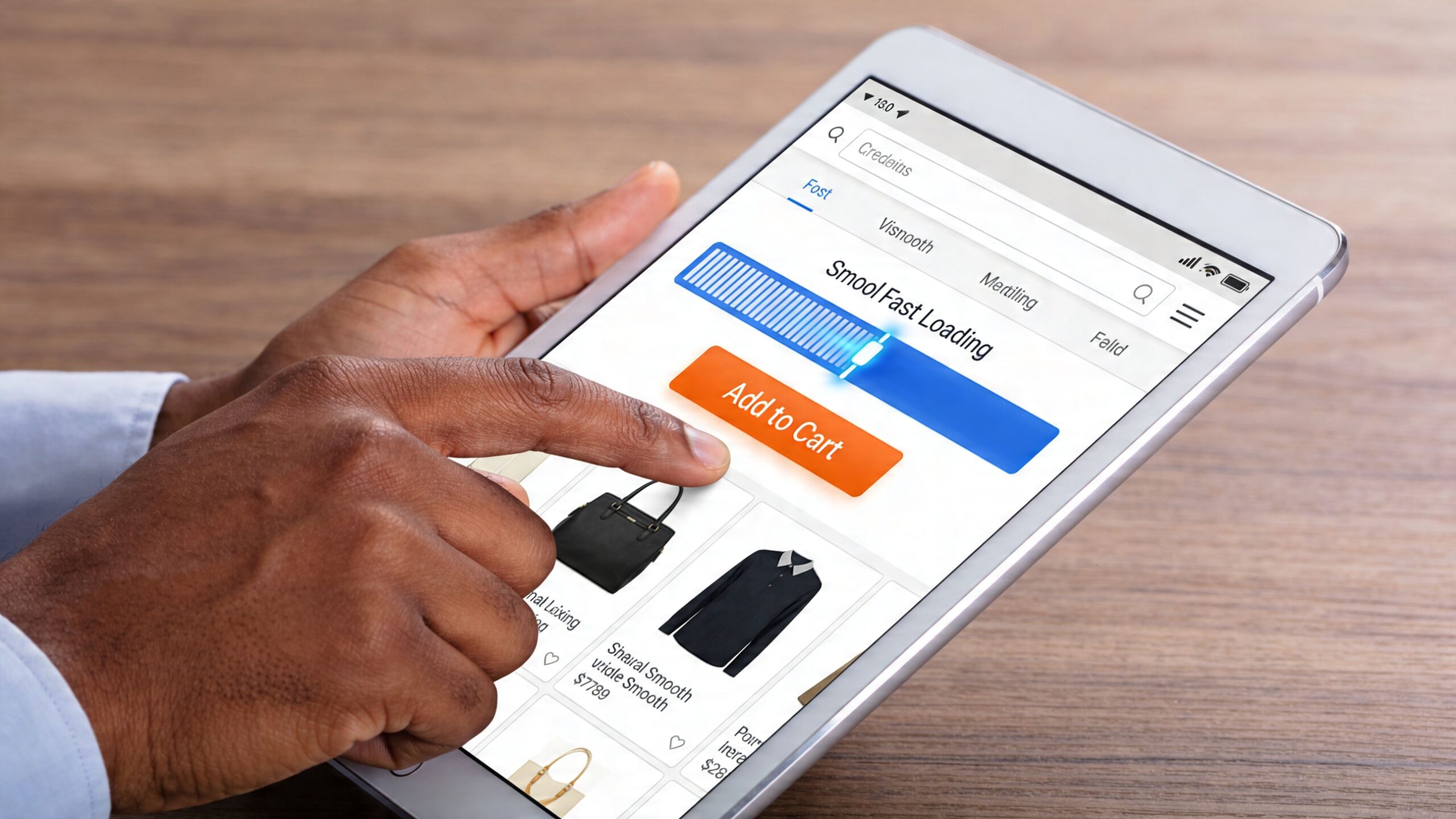 A person using a tablet to shop for clothing items on an e-commerce website interface.