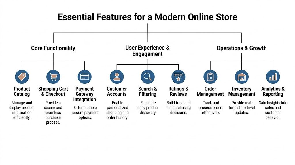 A diagram outlining the essential features of a modern online store, categorized into functionality, experience, and operations.